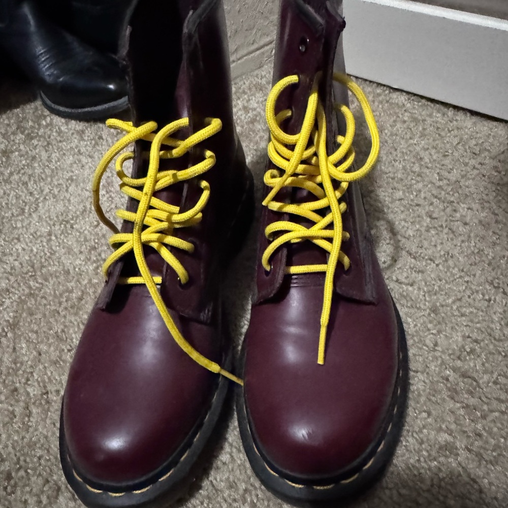 Dr. Martens Burgundy Combat Boots with Yellow Laces